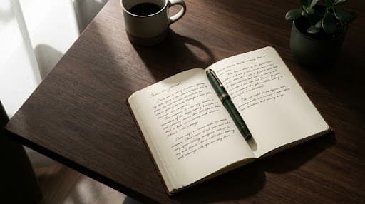 Notebook and pen on a warm wooden desk